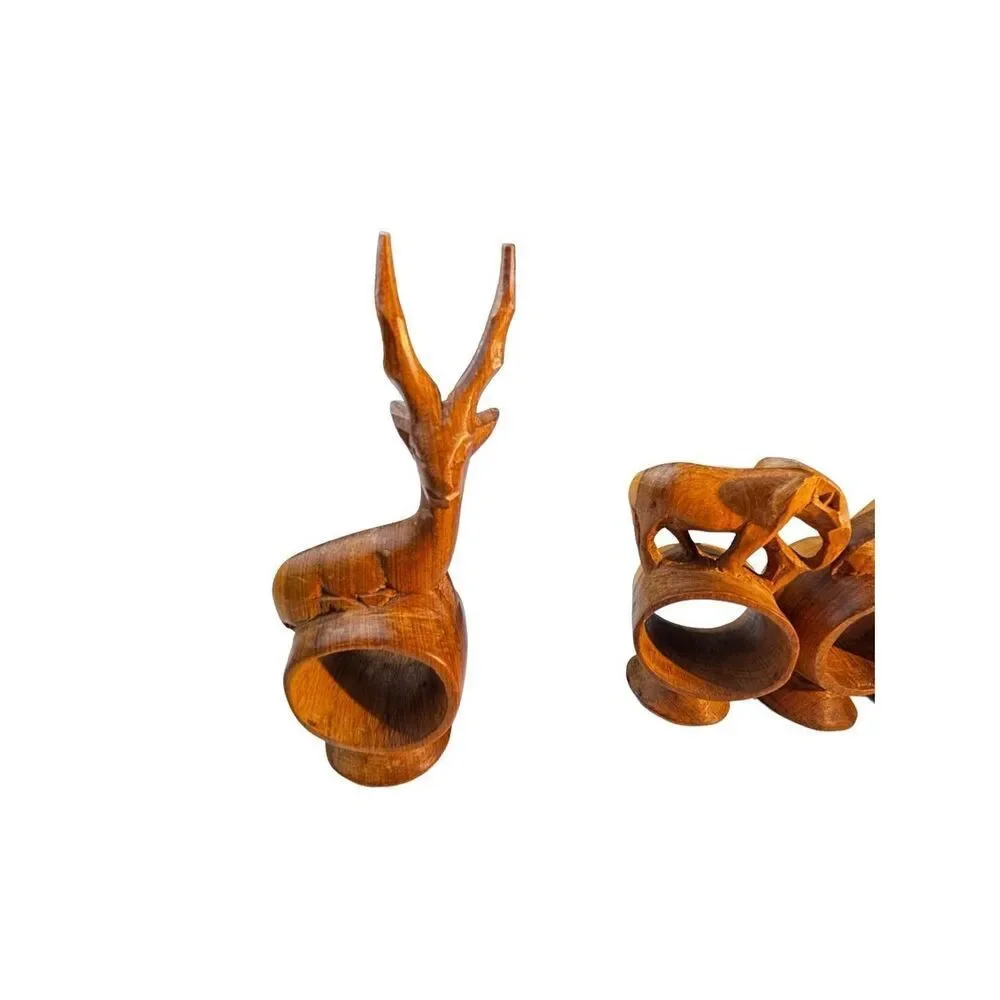 African hand Carved Teak Wood Napkin Rings, Set of 6